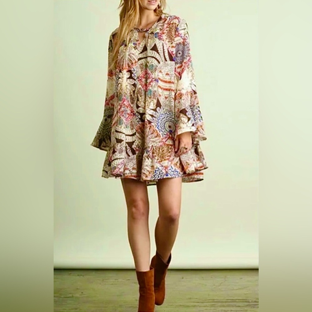 *NWT* BOUTIQUE Umgee Swing Midi Feather Print in Chocolate Red & Bright Blue —S - Picture 1 of 8